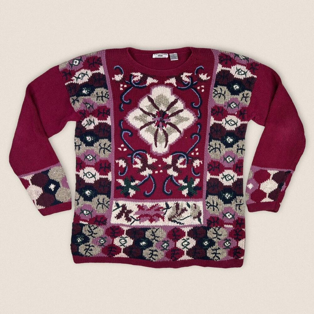 Vintage Floral Grandma Sweater 80s Paul Harris Design hand knit Size Large‎